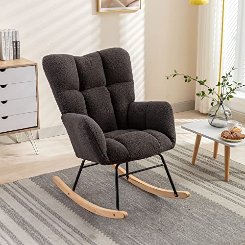 Image of Affmitime Nursery Rocking Chair Indoor, Teddy Fabric Nursing Chair for Mom and Baby, Modern Upholstered Rocker Glider Chair with High Backrest for Bedroom Office Living Room (Dark Gray)