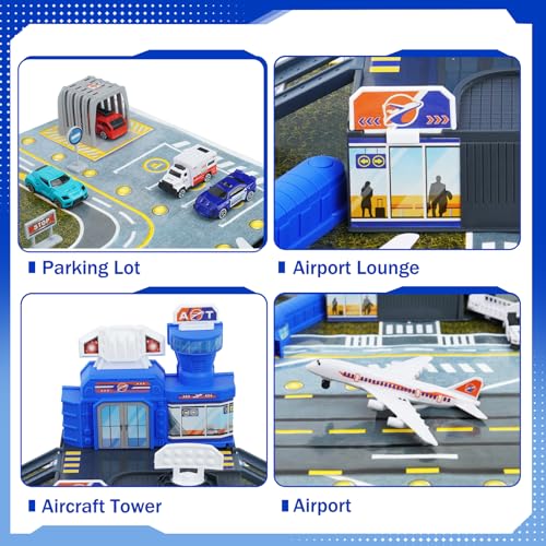 Flugzeug Spielzeug für Kinder mit Hubschrauber, Flugzeug, Lastwagen, Schilder, Feuerwehrautos und Flughafen-Spielmatte, Parkgarage Spielset Geschenk für Kinder 3+ Jungen Mädchen