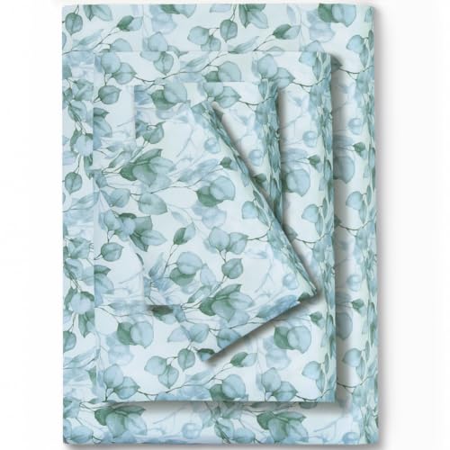 Image of Feather & Stitch Printed 500 TC Split King Size Sheet Set, 5 Piece Bed Sheets Set-2 Twin Fitted Sheet, 1 King Flat Sheet & 2 King Pillowcases, 18 inch Deep Pockets Sateen Weave Bedsheet - Green Leaf