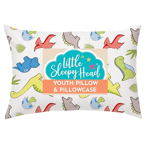 Image of Little Sleepy Head Youth Pillow with Pillowcase 16x22, Soft Jumbo Toddler Pillow & Hypoallergenic Pillowcase - Best Kids Pillows for Sleeping, Perfect Kids Travel Pillow (Dinosaurs White)