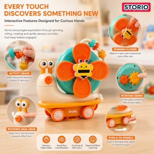Image of Storio 5-in-1 Baby Suction Spinner Toy, Interactive Learning Set with Rattle and Sensory Play, for 6+ Months Kids - Orange & Cream