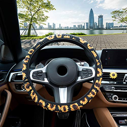 12 PCS Sunflower Car Accessories,2PCS Front Sunflowers Car Seat Covers,Sunflower for Steering Wheel Cover,Vehicle Center Console Armrest Cover Pad,2 Seat Belt Cover,2 Car Coasters,3 Keyring,Car Vent - Thumbnail 2
