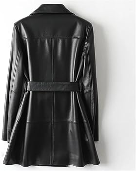 Leather Mid Length Trench Coat for Women Double Breasted Lace Up