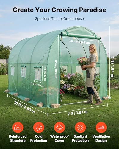 Image of VEVOR Walk-in Tunnel Greenhouse, 10 x 7 x 7 ft Hoop House Greenhouse Tunnel with Watering System, Plant Hot House with Steel Frame, PE Cover, Roll-Up Zipper Door and 6 Windows for Outdoors, Green