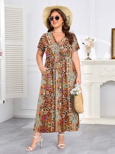 Image of BELAROI Womens Plus Size Maxi Dress Summer Wrap V Neck Flowy Long Sundress Beach Dresses with Pockets