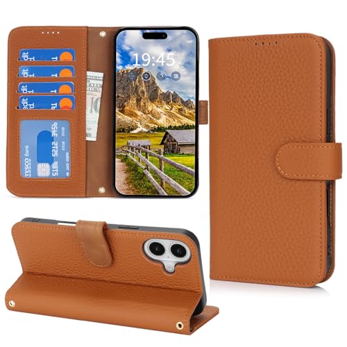 Coque iPhone 16 Plus en cuir véritable de vachette avec fentes cartes marron