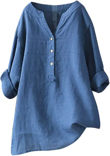 Vintage Linen Blouse with Stand-Up Collar - Loose Fit Casual Shirt