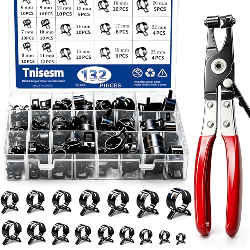 Image of Tnisesm 132Pcs 6-25MM Spring Hose Clamps with Hose Clamp Pliers, Black Small Hose Clamps Automotive Fuel Hose Clamp Silicone Vacuum Hose Pipe Low Pressure Air Clip Clamp