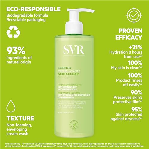 SVR SEBIACLEAR Soothing Cleansing Face Cream for Oily, Acne-Prone Skin Sensitized by Drying Acne Treatments, 400ml