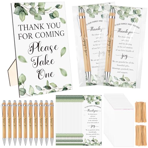 Juego de 50 bolígrafos de baby shower para invitados, tarjetas de agradecimiento, letreros de juegos de baby shower con brida para cables, regalos de agradecimiento, premios de juego, decoración de