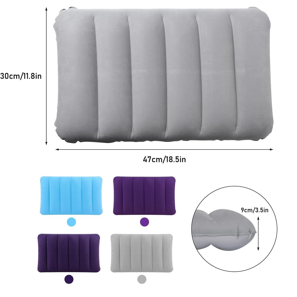 Lot De 4 Oreillers Gonflables De Voyage – 47x30 Cm – PVC Floqué Doux – Pour Camping, Plage, Transat – Couleurs Assorties