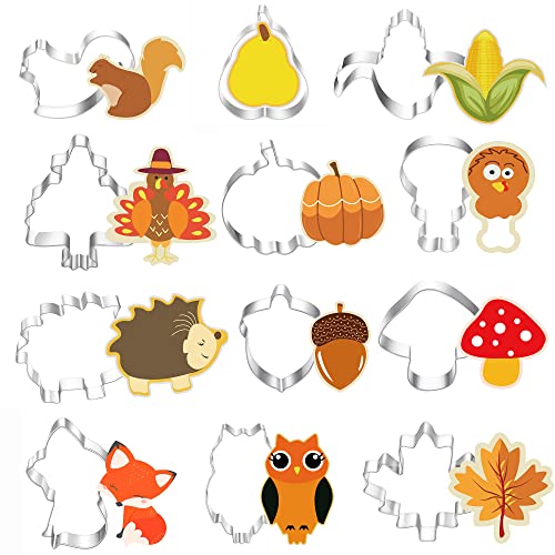 MrCookie Thanksgiving and Fall Holiday Cookie Cutter Set,12pcs Owl Squirrel Pinenut Corn Fox Mushroom Pumpkin Chicken Leg Leaf Turkey Pear…