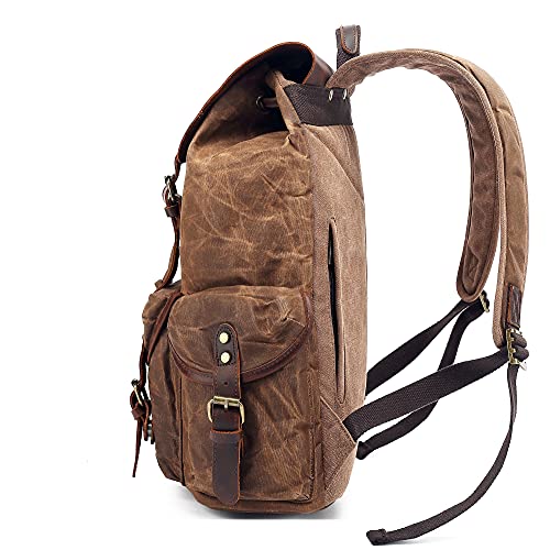 Image of HuaChen Waxed Canvas & Leather Backpack for Men Women,Vintage Travel Rucksack,Large Daypack Casual Hiking Bag - M80 Khaki