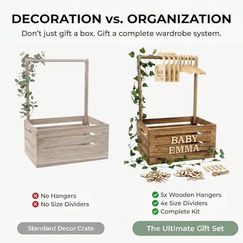 Image of Wooden Baby Shower Crate Closet & Basket with Hanger Rack - Customizable Gift Basket with 2x Alphabet Letter Sets, Hangers, Dividers, Ivy Garland,Nursery Decor Girls Boys(Rustic Burnt Wood)