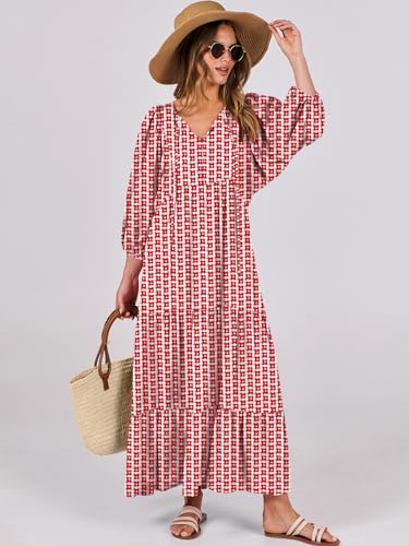 Image of ANRABESS Womens Boho Floral 3 /4 Puff Sleeve Maxi Dress | Tiered Flowy Loose Fit, Comfy Soft Rayon Fabric, Wedding Guest Church Beach, Modest Elegant, Spring Summer Fall Outfits