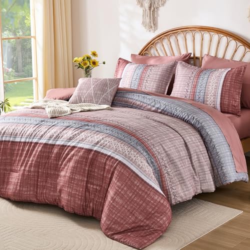 Image of Boho King Comforter Size Set, 8 Pieces Blush Pink Striped Texture Bed in a Bag Bedding Sets, Lightweight Soft Comforter and Sheet Set, All Season Microfiber Teen Boys Bedding Sets for Men Women