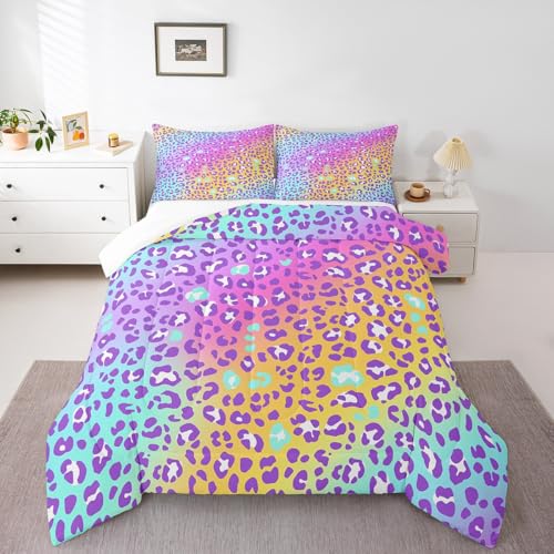 Image of Feelyou Girls Colorful Leopard Comforter Set - Women & Kids Cheetah Print Bedding - Toddler Size - All Seasons - Safari Animal Print Quilt & Duvet Set