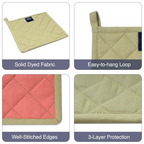 Image of Encasa XO Heat Resistant Cotton Pot Holders with Hanging Loop - Set of 2 - Sage & Coral - Multipurpose Quilted Everyday Hot Pad for Kitchen, Camping, BBQ & Microwave - 21 cm
