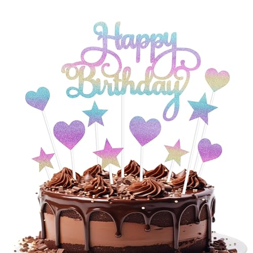 11 peças decoração bolos de aniversário cor, Happy Birthday Cake Topper estrelas bolo de coração, decoração para bolos purpurpurpurinas para meninas meninos festa aniversário, aniversário (A)