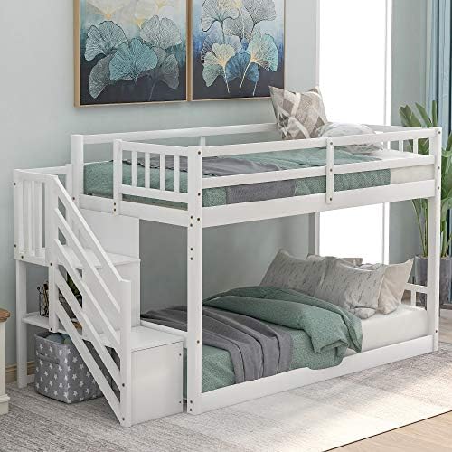 Flieks Bunk Bed with Storage Staircase, Twin Size Bunk Bed for Kids, Teens, No Box Spring Needed (White)