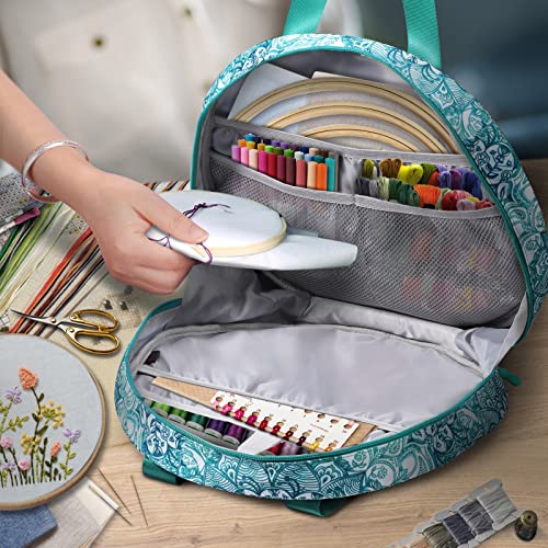 Image of FINPAC Embroidery Project Bag, Embroidery Supplies Storage Carrying Tote Case with Multiple Pockets for Floss, Hoops, Thread, Stitch Tools Kit [Bag Only], Emerald Illusions