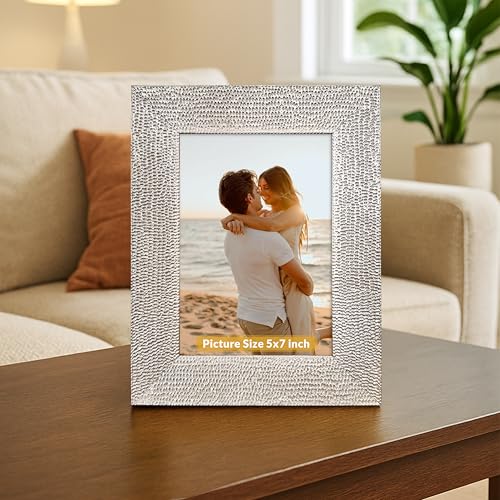 Image of Art Street Table and Wall Photo Frame Textured Picture Frames Picture Frame, Silver Metal Look for 5x7 Photos Tabletop Photos for Home Decor, Wood Photo Frames for Wall and Table Decoration 10x15 cm