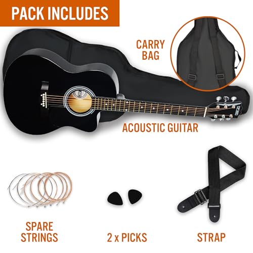 Image of 3rd Avenue Full Size 4 /4 Cutaway Acoustic Guitar Pack Bundle for Beginners - Bag, Strap, Picks and Spare Strings - Black