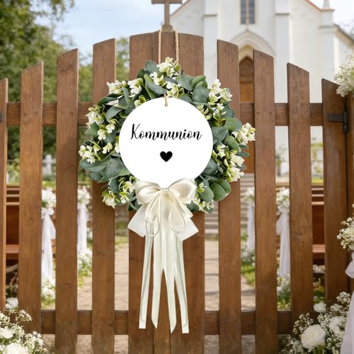 Türkranz Kommunion,Kommunion Dekoration,Konfirmation Kranz,Künstlicher Eukalyptus Kranz,mit Holzschild und weißer Schleife für die Festliche Dekoration zur Kommunions und Konfirmation,Ø 40 cm