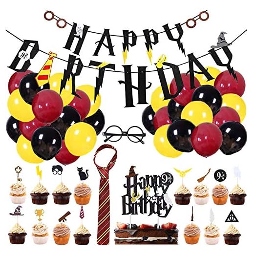 BlinBlin 49 stycken födelsedagsdekoration för Harry Potter-fest, Happy Birthday Banner ballonger randig slips glasögonram, cupcake-dekoration, barn HP 9¾ födelsedagsfest dekoration