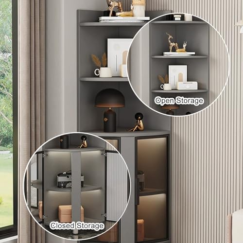 Elegante armadietto ad angolo alto con ante in vetro e ripiani a LED, salvaspazio, per bagno, cucina, soggiorno e camera da letto, design moderno e versatile