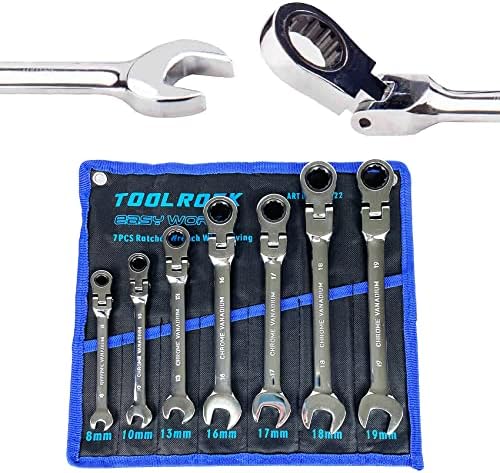 TR TOOLROCK 7pcs Flex-Head Ratcheting Wrench Set, Metric Ratcheting Combination Wrenches, Chrome Vanadium Steel, 72-Teeth Construction with Organizer Bag, 8 10 13 16 17 18 and 19mm