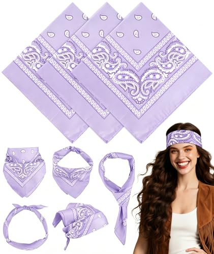 MEEZY 3 Pcs Purple Bandanas for Women Men Paisley Pattern Bandana Head Scarf Handkerchiefs Outdoor Multi-Purpose Cowboy Face Mask Square Scarf Headwear for Boy Girls 100% Polyester