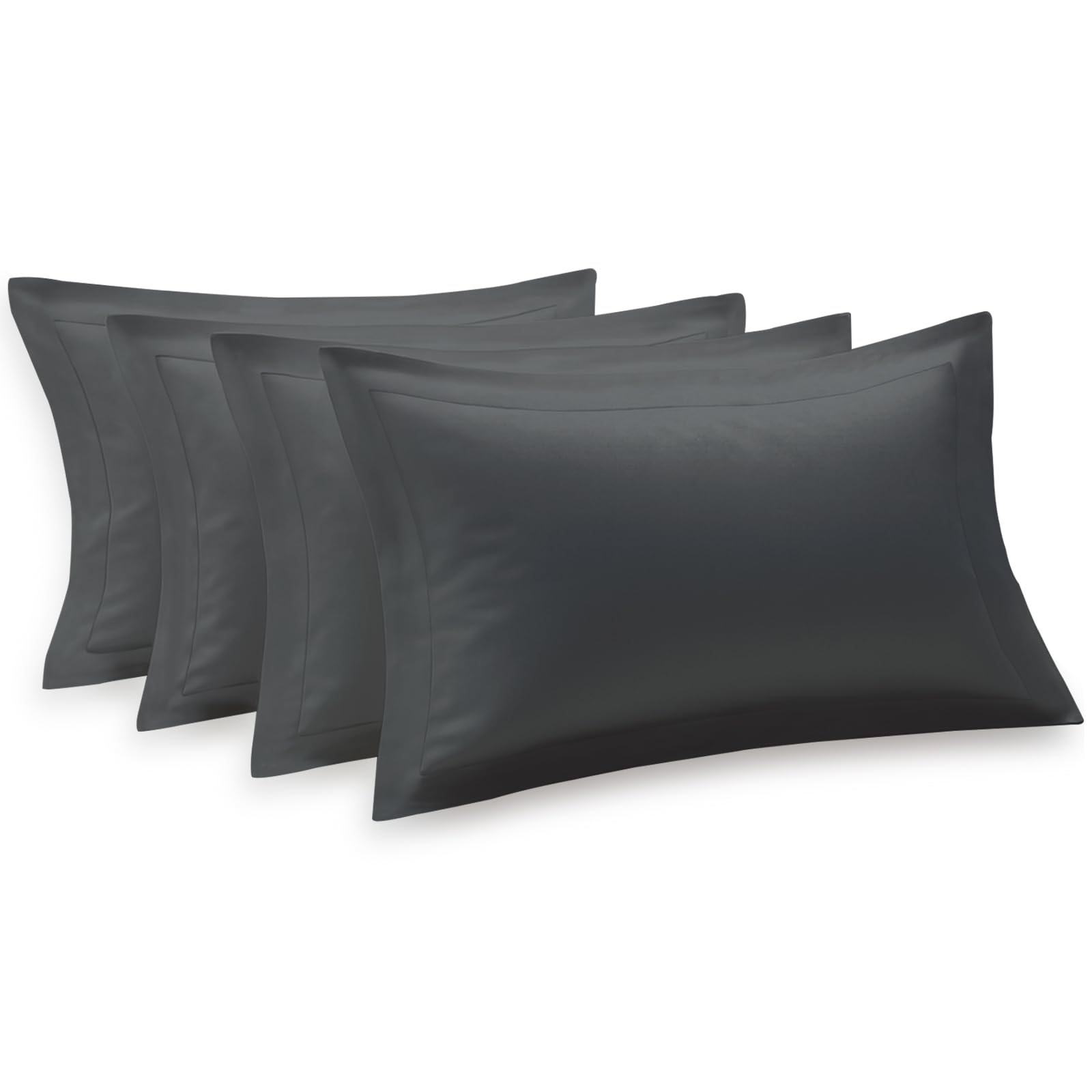 Pizuna Dark Grey 100% Cotton Standard Pillow Cases 4 Pack 50X75cm 600 Thread Count Long Staple Combed Cotton Oxford Pillow Cases Soft Sateen Pillows 4 Pack Hotel Quality