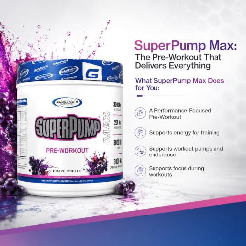 Image of Gaspari Nutrition SuperPump MAX, The Ultimate Pre Workout Powder, Sustained Energy Preworkout, Nitric Oxide Booster, Muscle Growth, Recovery & Replenishes Electrolytes (30 Servings, Grape Cooler)