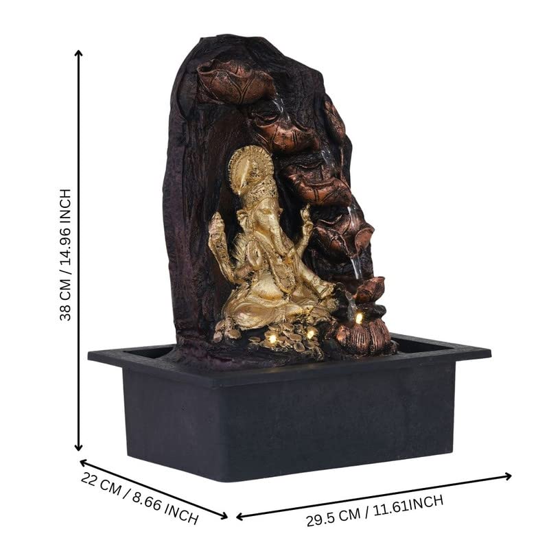 Image of Polyresin Chocolate Colour Ganesha Table Top Indoor Waterfall Fountain for Home Decor with LED Lights, Speed Controller Pump & Crystal Ball (Size: 25.5 x 21 x 18.5CM | Wt: 1145grm)