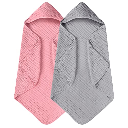 Image of Yoofoss Hooded Baby Towels for Newborn 2 Pack 100% Muslin Cotton Baby Bath Towel with Hood for Babies, Infant, Toddler and Kids, Large 32x32Inch, Soft and Absorbent Newborn Essential