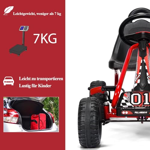 SOARS Gokart, Tretauto mit verstellbarem Sitz & Fußpedal, Go Kart mit Handbremse, Kinderspielfahrzeug Vorwärts- und Rückwärtsfunktion, Kinderfahrzeug bis 30 kg belastbar, für Kinder ab 3 Jahren (Rot) – Bild 8