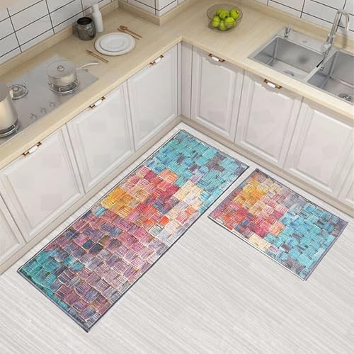 Image of Matz&More Abstract Art Deco Runner Mat Set, Multicolor Nylon, Non-Slip Rubber Back, Rectangular Kitchen Bathroom Rug, 50x120cm + 40x60cm, 2 Piece