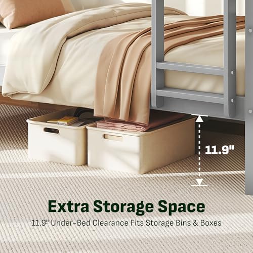 Image of Softa Twin Over Twin Bunk Bed for Kids, Solid Wood Bunk Bed Frame with 13 inch High Guardrails and Ladder, 400 lbs Capacity Total, 11.9 inch Under-Bed Storage, No Box Spring Needed, Gray
