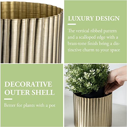 Mygift 5.5 Inch Modern Brass Tone Metal Fluted Planter With Decorative Scalloped Edge, Vertical Ribbed Pattern Plant Pot Flower Vase Décor - Handcrafted In India #TOP1
