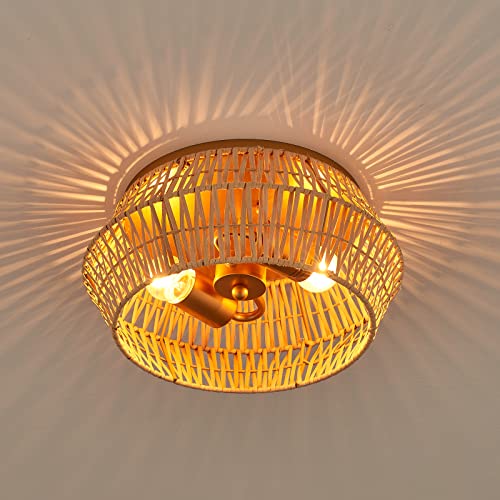 Mhytogn Natural Rattan Flush Mount Ceiling Light Fixture Farmhouse Antique Brass Brush Paint Finish Mini Chandelier For Porch Patio Hallway Foyer Living Room Bedroom Entryway 2-Light #TOP5