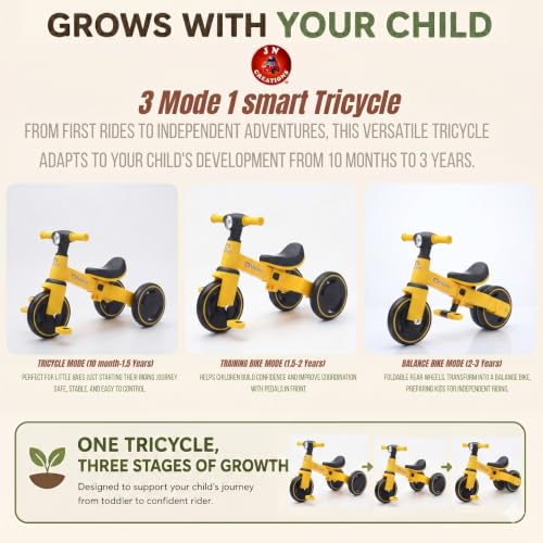 Image of 3-in-1 Toddler Tricycle | Slide, Pedal & Balance Bike for Kids | Adjustable Seat, Silent Wheels & Sturdy Frame | Ideal for 10 Months to 3 Years (Yellow)