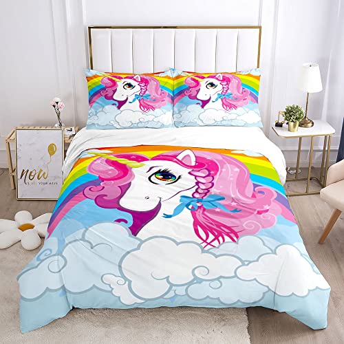 Sonicpony Unicorn Duvet Cover Full Queen Comforter Cover 3 Pcs Bedding Set Quilt Cover Pink Rainbow 3D Cartoon Print Bedroom Deco 1 Duvet Cover 2 Pillow Shams No Comforter (Pink, Full/Queen) #TOP1