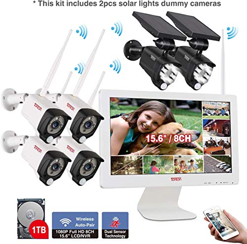 Audio 1080P Überwachungskamera Set mit 15.6 Zoll Monitor 4X Überwachungskamera 2XSolarleuchten (Dummy Kamera) Aussen WLAN, Videoüberwachung