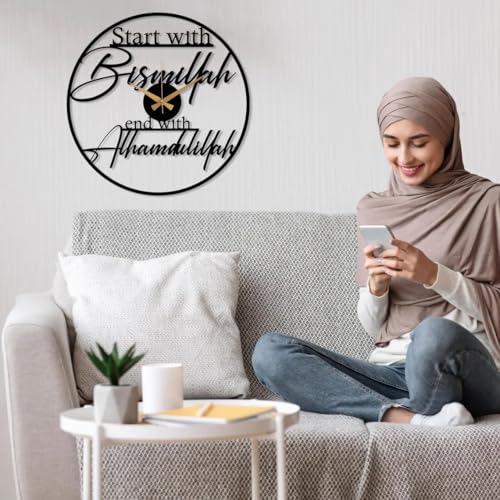 Image of Metal Arabic Number Wall Clock | Silent Big Size Clock for Home Decor, Muslim Gifts (Black DA-155, 50 CM)