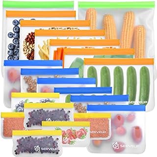 SERVEUP 20 Pack Reusable Food Storage Bags– Resealable Freezer Food Bags– Leak Proof Ziplock Airtight Container for Lunch, Snacks, Fruits and Vegetables– Thick BPA Free Eco Friendly Pouches