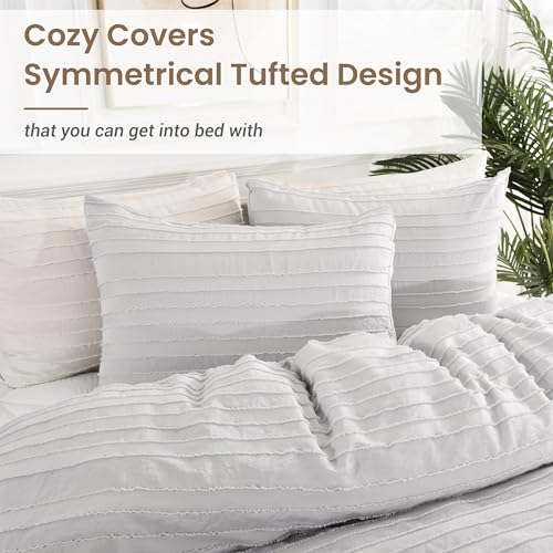 Image of NEXHOME PRO Duvet Cover,Light Grey 3 Pieces Boho Tufted Duvet Cover Set, Soft and Lightweight 100% Washed Microfiber Comforter Cover Set for All Season(Light Grey Cal King, 104 x 98)-No Comforter