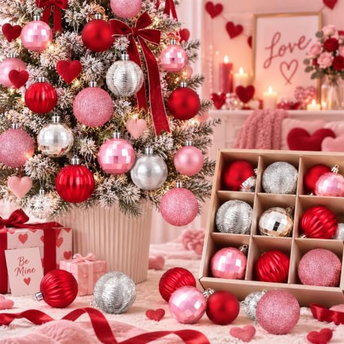 Lunmon 64 Pcs Pink and Red Silver Christmas Ornaments Glitter Xmas Bulbs | 1.57/1.97/2.36 Inch, Assorted Pink Red Ball Baubles, Shatterproof Valentines Christmas Decoration for Tree Home Decor