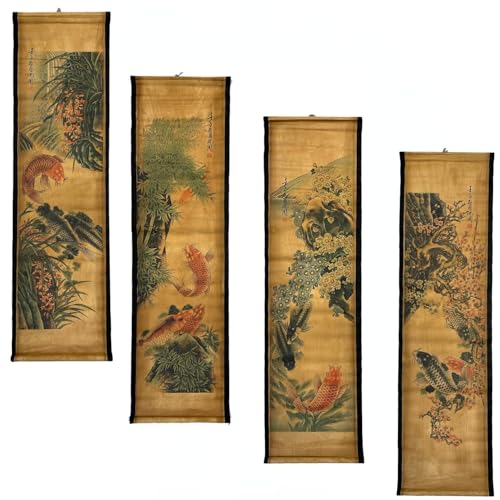 4PCS/Set Wall Scroll Hanging Painting Decor Japanese Koi Fish Flower Fengshui, Ancient Paintings Replica Asia Traditional Art, Attract Wealth Four Seasons