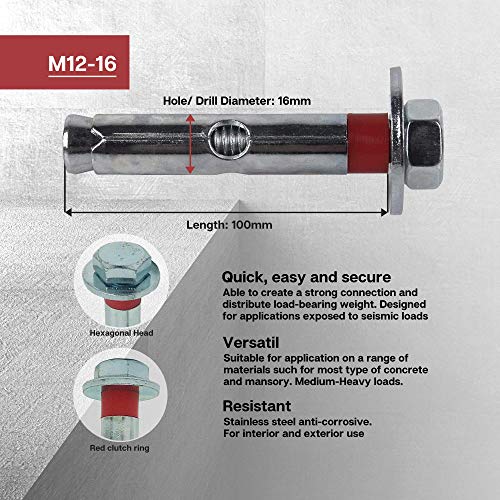 DOJA Industrial | Schwerlastanker Dehnschraube M12-16mm | PACK 10 | Ankerschraube für Beton Schwerlast | Ankerbolzen Betonanker Duebel | Bolzenanker für DIY Fassaden Schwerlastduebel Ziegel Anker